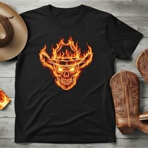 Flaming Cowboy Skull Graphic Tee | Western Biker Shirt | Fire Skull Cowboy Hat